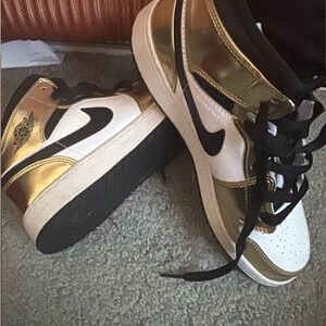 Air Jordan1  Metallic Gold and White High-Top Sneakers